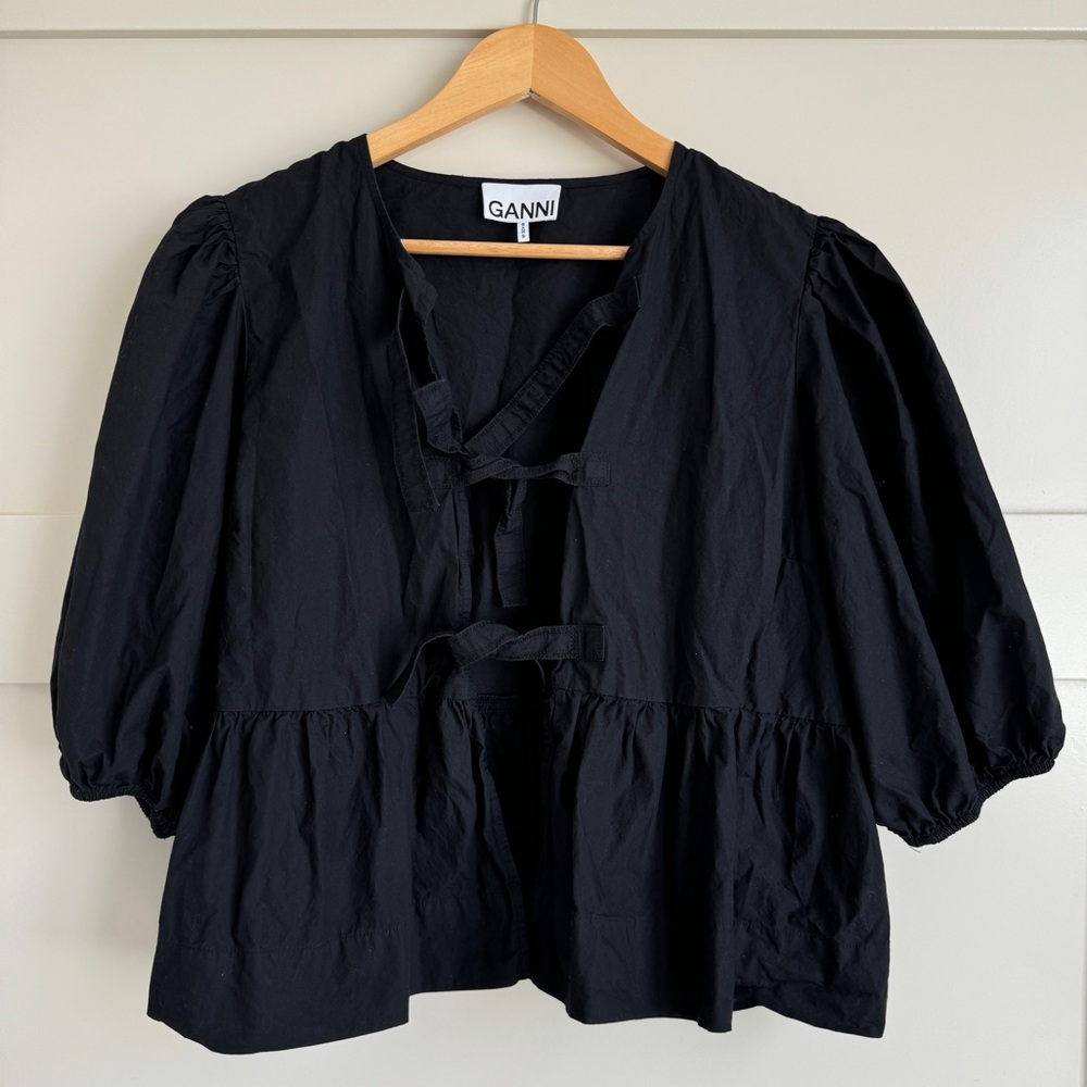 Ganni Cotton Poplin Peplum Tie Blouse